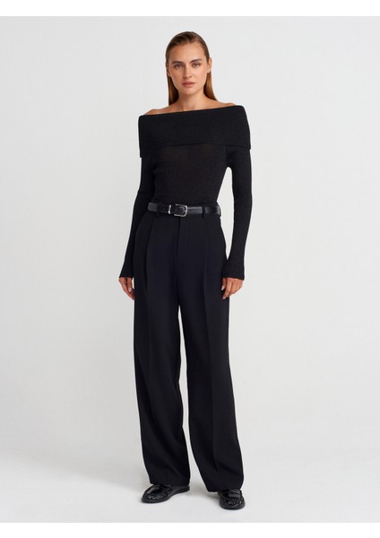 10808 Bardot Yaka Fitilli Simli Triko Kazak-Siyah fırsatları