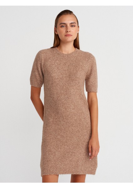90257 Bisiklet Yaka Yumuşak Dokulu Triko Elbise-K.bej Mel.
