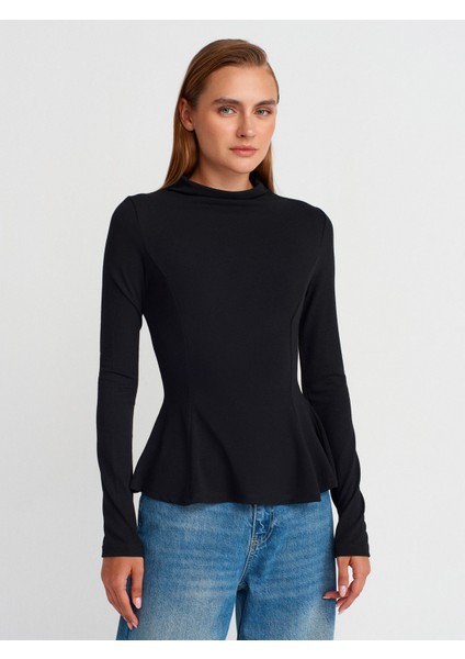 32038 Uzun Kollu Peplum Top-Siyah