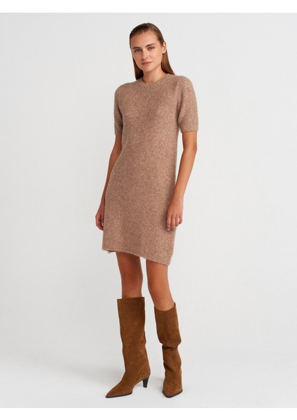 90257 Bisiklet Yaka Yumuşak Dokulu Triko Elbise-K.bej Mel. fırsatları