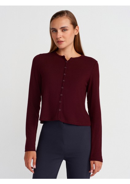 31413 Düğmeli Detaylı Hırka-Bordo