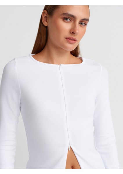 31993 Fermuar Detaylı Uzun Kollu Top-Beyaz modelleri