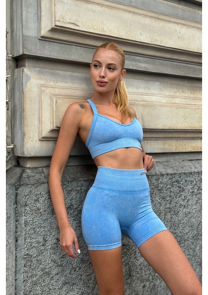 Prime FIT - Mavi Yüksek Bel Seamless Push-Up Toparlayıcı Şort Tayt