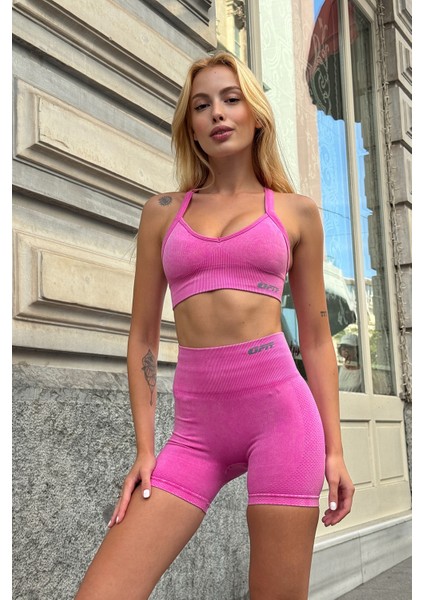 Prime FIT - Pembe Yüksek Bel Seamless Push-Up Toparlayıcı Şort Tayt