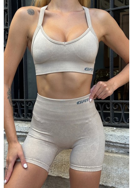 Prime FIT - Bej Yüksek Bel Seamless Push-Up Toparlayıcı Şort Tayt