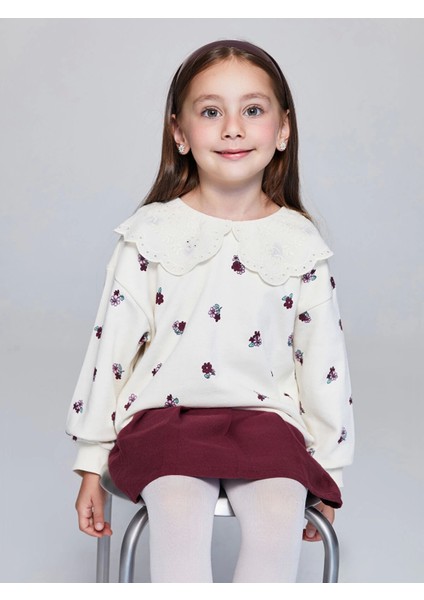 Lcw Kids Ekru Bebe Yaka Çiçek Baskılı Kız Çocuk Sweatshirt