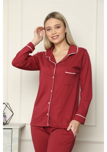 Moda Kadın %100 Pamuk Penye Önden Düğmeli Uzun Kol Pijama Takım Bordo fiyatları