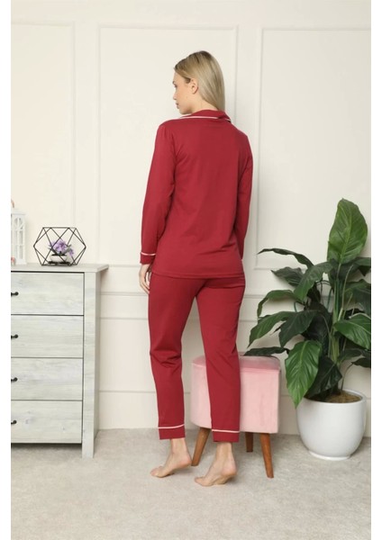 Moda Kadın %100 Pamuk Penye Önden Düğmeli Uzun Kol Pijama Takım Bordo fırsatları