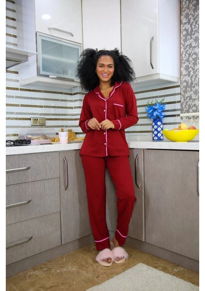 Moda Kadın %100 Pamuk Penye Önden Düğmeli Uzun Kol Pijama Takım Bordo indirimleri