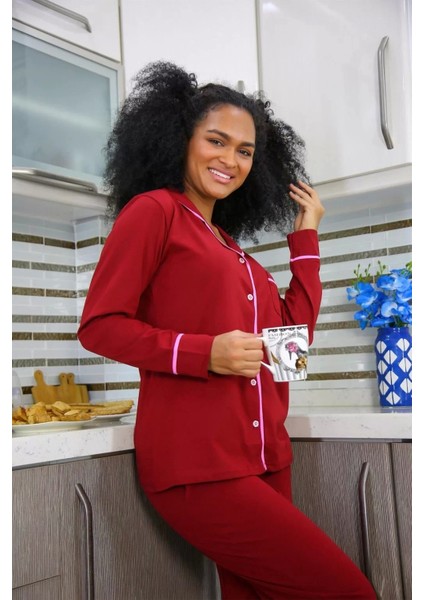 Moda Kadın %100 Pamuk Penye Önden Düğmeli Uzun Kol Pijama Takım Bordo