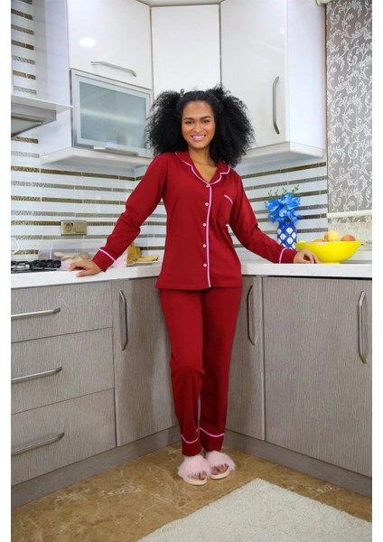 Moda Kadın %100 Pamuk Penye Önden Düğmeli Uzun Kol Pijama Takım Bordo