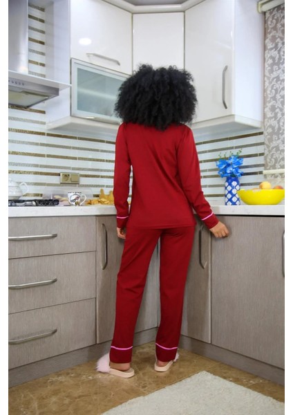 Moda Kadın %100 Pamuk Penye Önden Düğmeli Uzun Kol Pijama Takım Bordo