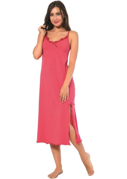 Moda Bayan Ip Askılı Uzun Gecelik Fuşya