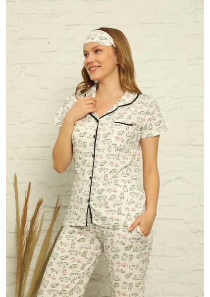 Moda Kadın %100 Pamuk Önden Düğmeli Kısa Kol Pijama Takım Ekru