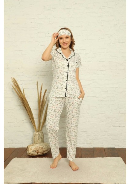 Moda Kadın %100 Pamuk Önden Düğmeli Kısa Kol Pijama Takım Ekru fiyatları