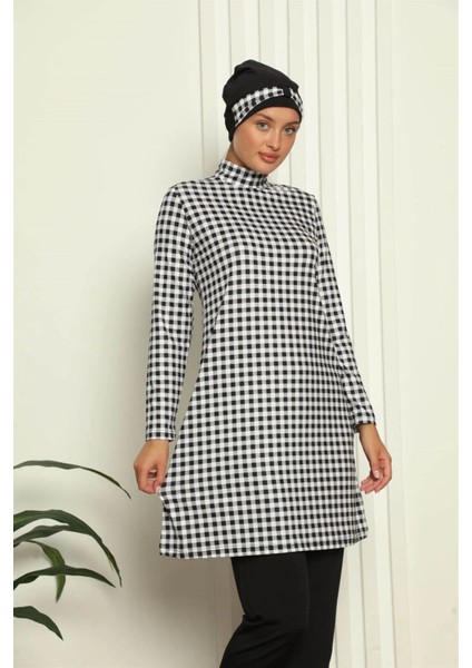 Moda Tam Tesettür Dijital Desenli Mayo Siyah - Beyaz