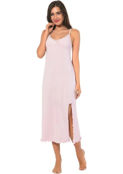 Moda Bayan Ip Askılı Uzun Gecelik Pembe