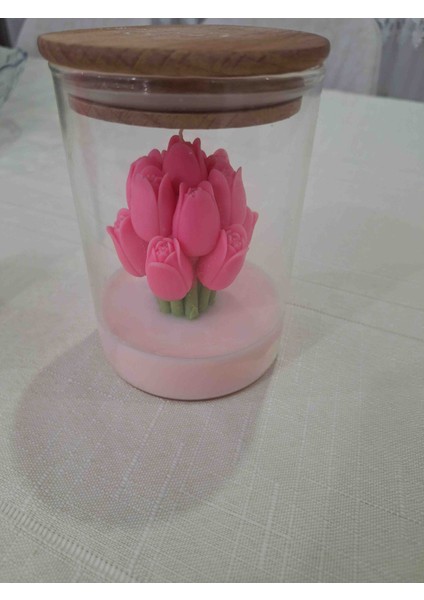 Pembe Lale Buketi Cam Bardakda Mum