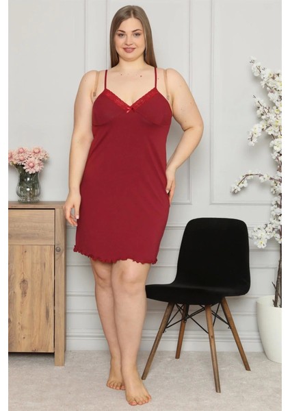 Moda Kadın Pamuklu Ip Askılı Büyük Beden Gecelik Bordo