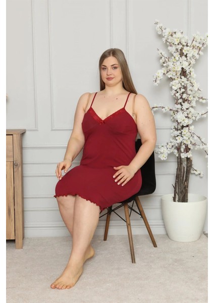 Moda Kadın Pamuklu Ip Askılı Büyük Beden Gecelik Bordo fiyatları