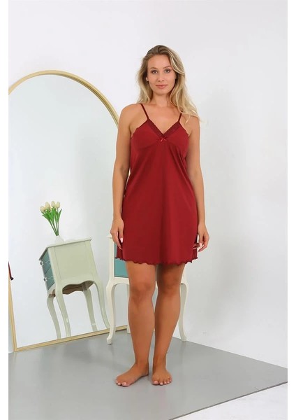 Moda Kadın Pamuklu Ip Askılı Büyük Beden Gecelik Bordo