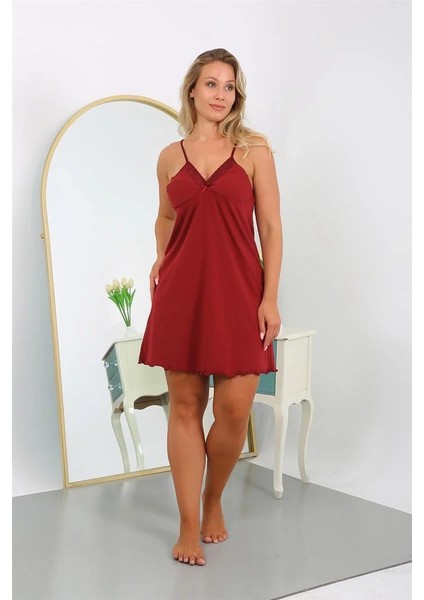 Moda Kadın Pamuklu Ip Askılı Büyük Beden Gecelik Bordo