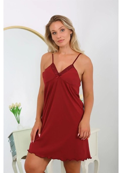 Moda Kadın Pamuklu Ip Askılı Büyük Beden Gecelik Bordo