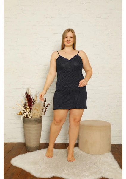 Moda Kadın Pamuklu Ip Askılı Büyük Beden Gecelik Lacivert