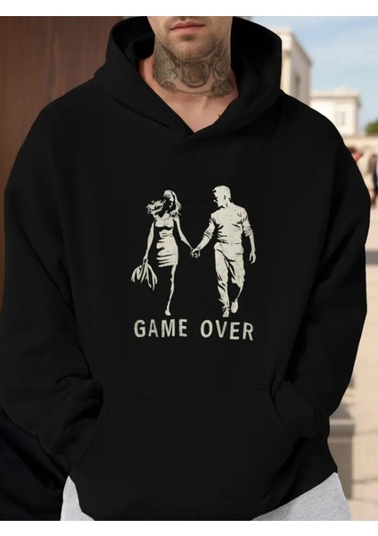 Erkek Game Over Oyun Bitti Baskılı Kapşonlu Oversize Salaş Kırmızı Siyah Sweatshirt