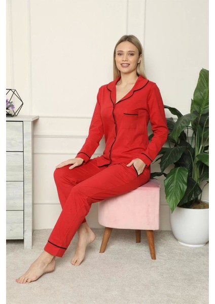 Moda Kadın %100 Pamuk Penye Önden Düğmeli Uzun Kol Pijama Takım Kırmızı modelleri