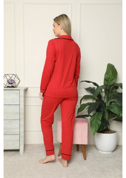 Moda Kadın %100 Pamuk Penye Önden Düğmeli Uzun Kol Pijama Takım Kırmızı fırsatları