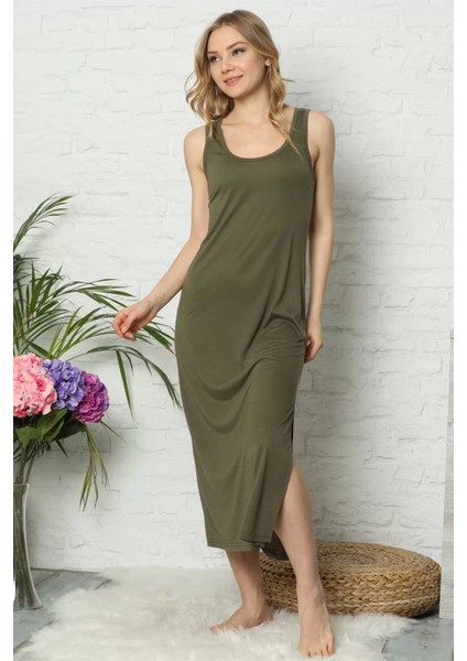 Moda Kalın Askılı Haki Penye Uzun Gecelik modelleri