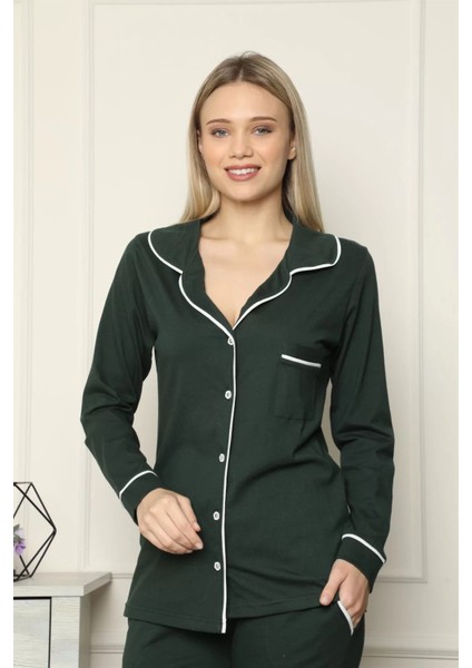 Moda Kadın %100 Pamuk Penye Önden Düğmeli Uzun Kol Pijama Takım Yeşil fiyatları