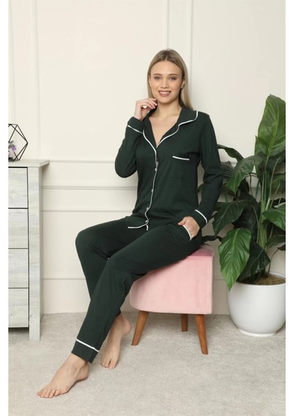 Moda Kadın %100 Pamuk Penye Önden Düğmeli Uzun Kol Pijama Takım Yeşil modelleri
