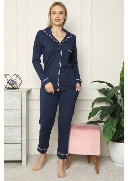 Moda Kadın %100 Pamuk Penye Önden Düğmeli Uzun Kol Pijama Takım Lacivert