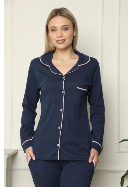 Moda Kadın %100 Pamuk Penye Önden Düğmeli Uzun Kol Pijama Takım Lacivert fiyatları