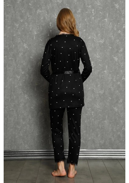 Moda Kadın 3'lü Sabahlık Pijama Takım Siyah