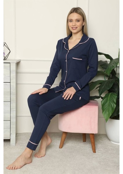 Moda Kadın %100 Pamuk Penye Önden Düğmeli Uzun Kol Pijama Takım Lacivert modelleri