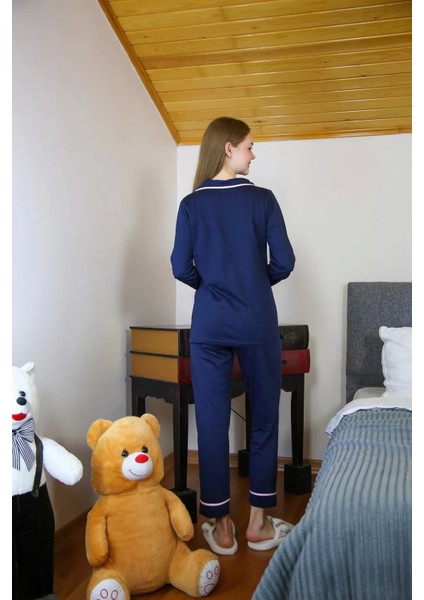 Moda Kadın %100 Pamuk Penye Önden Düğmeli Uzun Kol Pijama Takım Lacivert