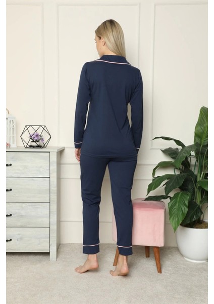 Moda Kadın %100 Pamuk Penye Önden Düğmeli Uzun Kol Pijama Takım Lacivert