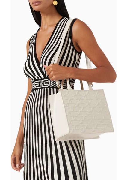 Elısabetta Franchı Medium Bold Monogram Shopper Bag Butter Ton Faux Deri, Logolu Lüks Omuz ve El Çantası indirimleri