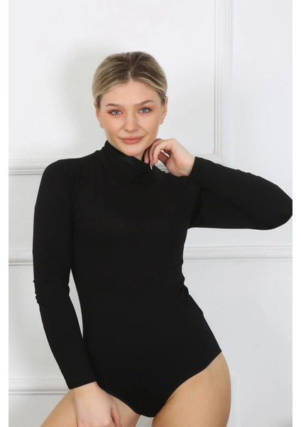 Moda Bayan Uzun Kol Boğazlı Çıtçıtlı Body Siyah