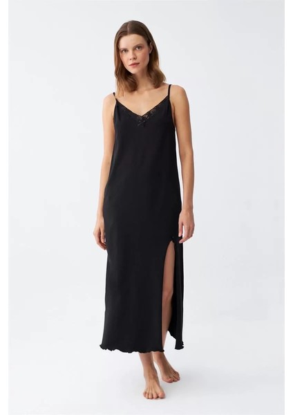 Moda Kadın Ip Askılı Uzun Gecelik Siyah