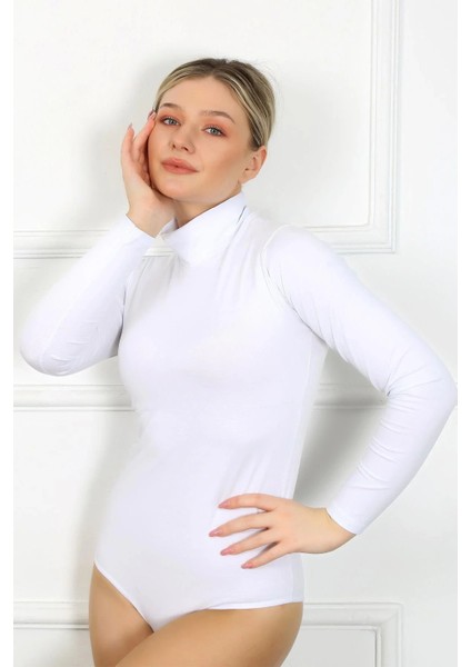 Moda Bayan Uzun Kol Boğazlı Çıtçıtlı Body Beyaz fırsatları