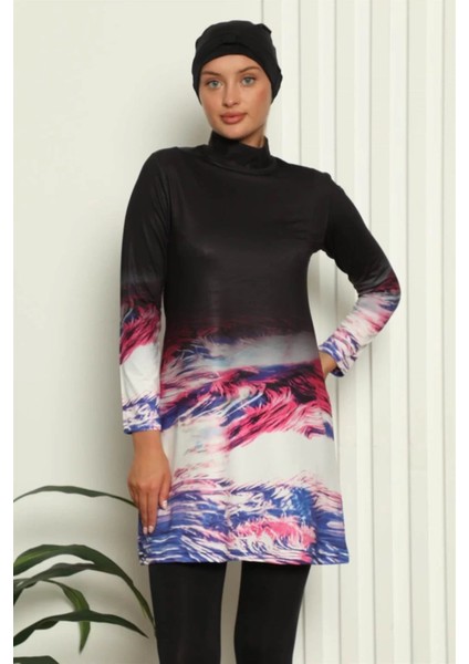 Moda Tam Tesettür Dijital Desenli Mayo Siyah