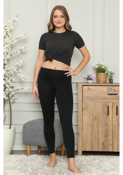 Moda Mikro Jardonlu Kalın Siyah Tayt Siyah