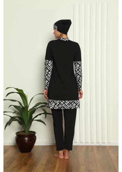 Moda Tam Tesettür Dijital Desenli Mayo Siyah modelleri