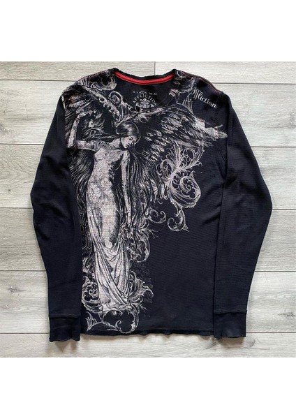 Siyah Vintage Angel Affliction Cyber Grunge Uzun Kollu Ince Sweatshirt