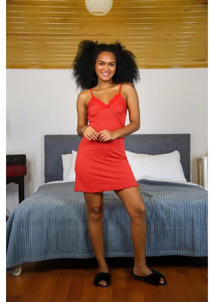 Moda Ip Askılı Penye Gecelik Kırmızı