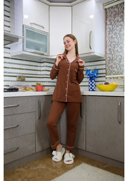 Moda Kadın Penye Uzun Kol Pijama Takım Kahve modelleri